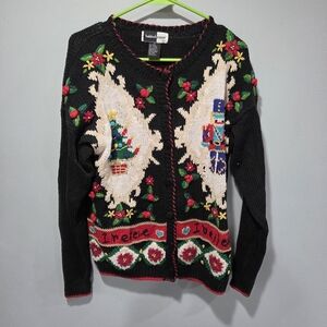 Vintage ugly Christmas knit sweater button up cardigan medium nutcracker tree